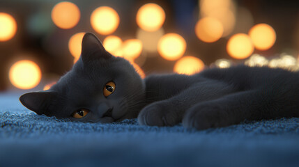 kucing British Shorthair abu-abu yang tergeletak di karpet biru, dikelilingi lampu bokeh oranye di latar belakang. 