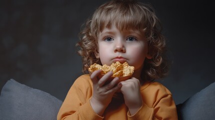 A contemplative child holds a piece of food, showcasing curiosity and focus in a soft, dimly lit setting.
