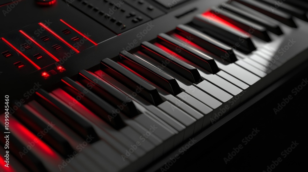 Poster a close-up of a black keyboard with illuminated keys, showcasing a sleek design and vibrant red acce