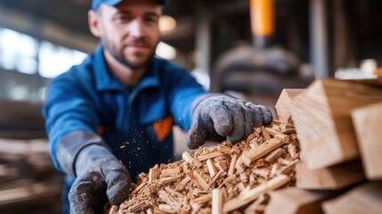 Skilled Carpenter in Workshop Handling Wood Chips, Showcasing Woodworking Craftsmanship and Attention to Detail in a Busy Timber Production Environment