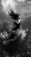 Obraz premium Submerged Elegance: A Black and White Underwater Fashion Photography