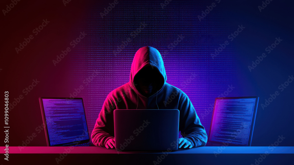 Poster hacker in hoodie works on laptop, surrounded by glowing screens displaying code. atmosphere is dark 