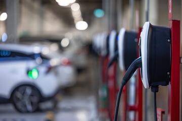 EV charger and electric car, Electric car charger station for charge ev battery, Plug for vehicle...