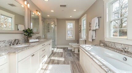 Fototapeta premium Bright and Elegant Modern Bathroom Design Featuring Bathtub, Walk-in Shower, and Dual Sinks with Granite Countertops in Natural Light