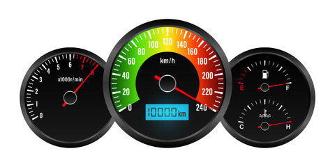 Car Dashboard with High Speed. Car Panel Display. Car Speedometer Dashboard. Tachometer or Odometer Display. High Speed Concept. Vector Illustration.