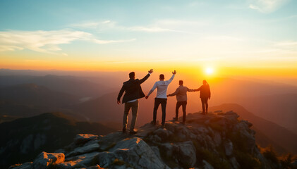 Obraz premium Group of business people on peak mountain, success business concept, see you on top
