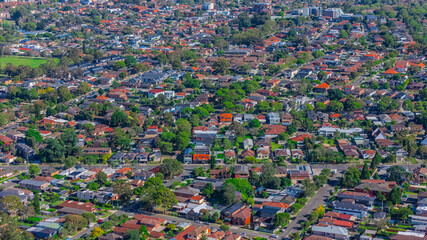 Panorama aerial drone view of western Sydney Suburbs of Canterbury Burwood Ashfield Marrickville...