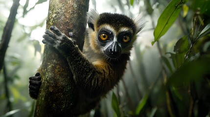 Naklejka premium A curious lemur with large, golden eyes peeks out from behind a tree in a lush rainforest.