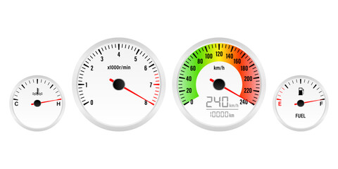 Naklejka premium Car Dashboard with High Speed. Car Panel Display. Car Speedometer Dashboard. Tachometer or Odometer Display. High Speed Concept. Vector Illustration.