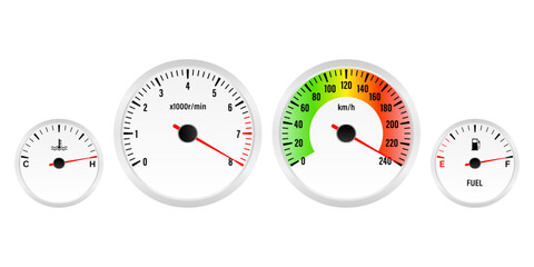 Naklejka premium Car Dashboard with High Speed. Car Panel Display. Car Speedometer Dashboard. Tachometer or Odometer Display. High Speed Concept. Vector Illustration.