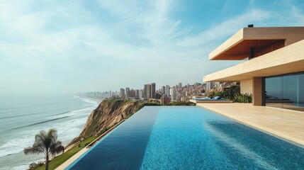 Fototapeta premium Stunning Ocean View from Modern Infinity Pool with Cityscape Background