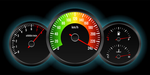 Car Dashboard with High Speed. Car Panel Display. Car Speedometer Dashboard. Tachometer or Odometer Display. High Speed Concept. Vector Illustration.