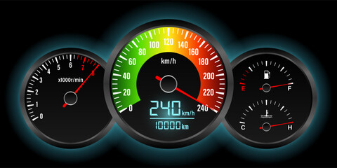 Car Dashboard with High Speed. Car Panel Display. Car Speedometer Dashboard. Tachometer or Odometer Display. High Speed Concept. Vector Illustration.