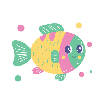 Cute Colorful Fish Cartoon Character Swimming in the Sea with Smiling Expression