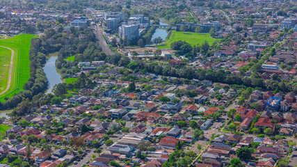 Panorama aerial drone view of western Sydney Suburbs of Canterbury Burwood Ashfield Marrickville...