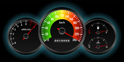 Car Dashboard with High Speed. Car Panel Display. Car Speedometer Dashboard. Tachometer or Odometer Display. High Speed Concept. Vector Illustration.