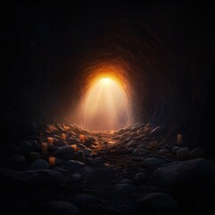 mystical cave with glowing light and candles illuminating the path