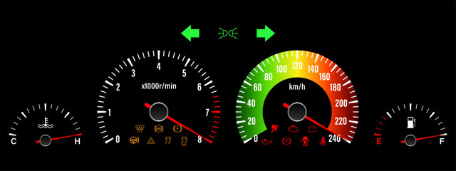 Fototapeta premium Car Dashboard with High Speed. Car Panel Display. Car Speedometer Dashboard. Tachometer or Odometer Display. High Speed Concept. Vector Illustration.
