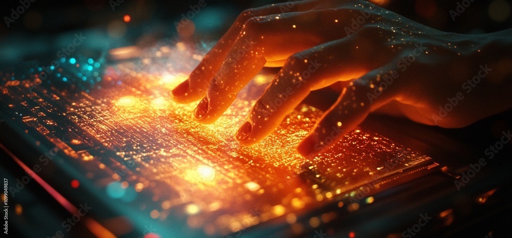 Poster glowing fingers interact with a futuristic digital interface.