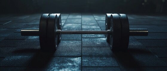 a close-up view of a barbell on a gym floor, emphasizing strength training and fitness