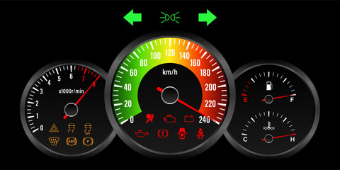 Fototapeta premium Car Dashboard with High Speed. Car Panel Display. Car Speedometer Dashboard. Tachometer or Odometer Display. High Speed Concept. Vector Illustration.