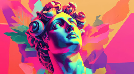 Obraz premium Vibrant postmodern statue with bold colors and trendy decorations. contemporary sculpture blends classic form with modern design elements - generative ai. Postmodern. Illustration