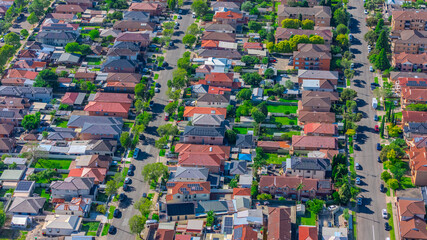 Panorama aerial drone view of western Sydney Suburbs of Canterbury Burwood Ashfield Marrickville...