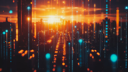 Smart digital Innovation city with connection network reciprocity over the sunset cityscape. of future wireless digital city and social media networking systems that connects people with in city