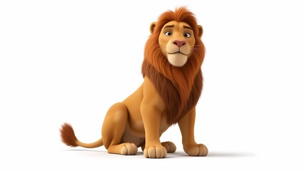 Fototapeta premium A cartoon lion sitting on a plain white backdrop, appearing relaxed and cheerful, perfect for kids.