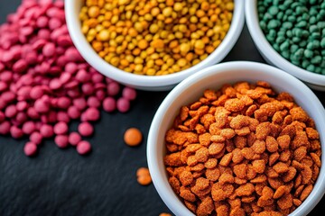 Fototapeta premium Colorful bowls of various pet food pellets and seeds arranged on a dark surface.