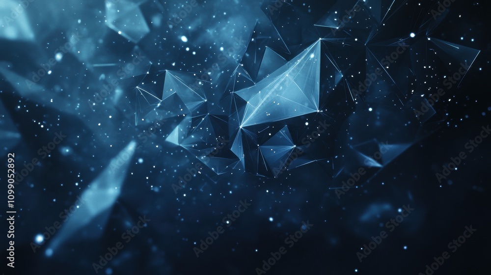 Poster abstract blue geometric shapes with particles creating a digital atmosphere.