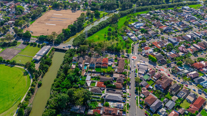 Panorama aerial drone view of western Sydney Suburbs of Canterbury Burwood Ashfield Marrickville...