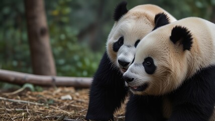 Two giant pandas cuddling affectionately in a natural habitat.