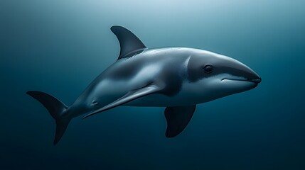 Naklejka premium A sleek, black and white dolphin swims through the blue water.