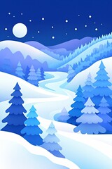 Fototapeta premium Minimalistic winter snowy panoramic landscape. Christmas forest. Merry Christmas and Happy New Year. Stylized paper cut illustration with copy space for design banner, poster, greeting card, wallpaper