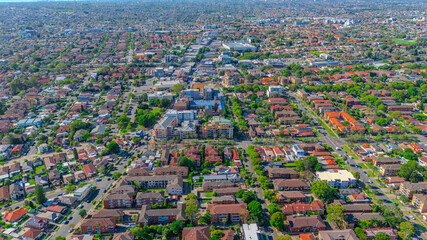 Panorama aerial drone view of western Sydney Suburbs of Canterbury Burwood Ashfield Marrickville...