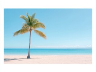Fototapeta premium a serene beach scene with a palm tree and clear blue skies