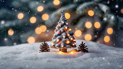 Obraz premium Cozy Christmas decoration with mini Christmas tree and lights on snowy background. Generative AI 