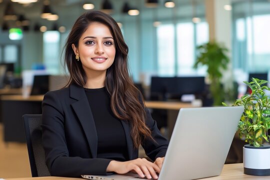 Smiling professional IT specialist business lady working on laptop pc sitting in modern office. Young middle eastern indian woman using computer technology for work.