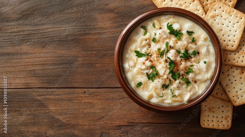 Aufkleber top view of a bowl of clam chowder with crackers. copy space available.