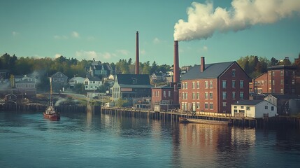 Fototapeta premium A serene waterfront view of an industrial harbor with smokestacks and boats.