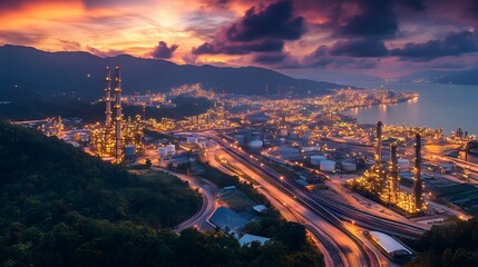 Fototapeta premium Aerial view of an industrial complex at dusk with glowing lights and vibrant skies.