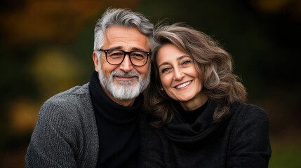Warm and Joyful Portrait of a Middle-Aged Couple Embracing Each Other in Nature During Fall with Soft Natural Light Highlighting Their Features