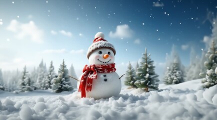 Fototapeta premium Snowman in the Snow Landscape. Christmas greeting card. Happy Snowman. Snowman for Christmas and New Year. winter snowy forest. Winter holidays. Christmas theme. Christmas banner.