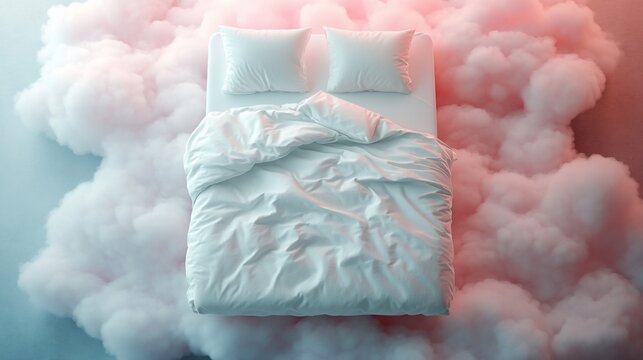 Top view of a bed on clouds, illuminated with soft pink and blue light.