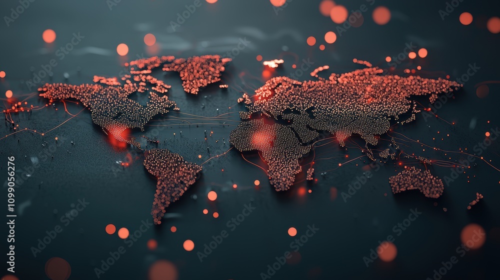 Poster world map with glowing lines representing global data flow and communication networks, illustrating 