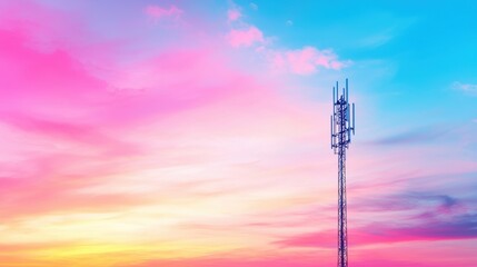 Obraz premium A telecommunications tower silhouetted against a vibrant sunset, with its antennas reaching towards the sky, emphasizing the vast reach of mobile networks.