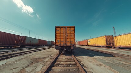 Obraz premium Single Orange Container Cargo Train On Railway Tracks