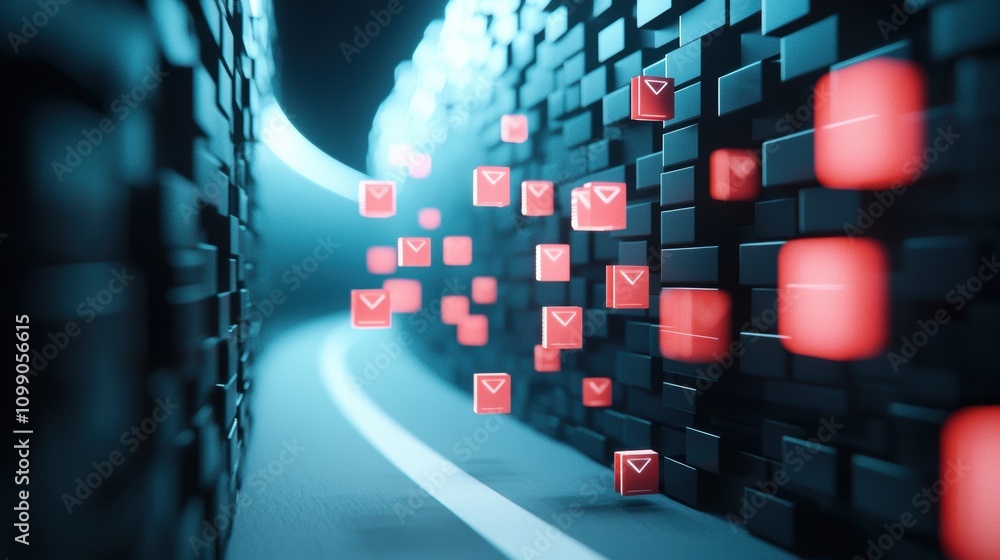 Poster abstract visualization of data security, with encrypted data packets traveling through a secure tunn
