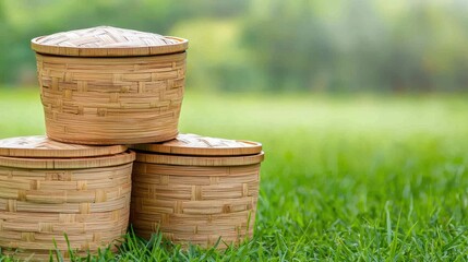 Handmade Bamboo Products Concept, Bamboo Picnic Baskets Arranged on Lush Green Field Scene